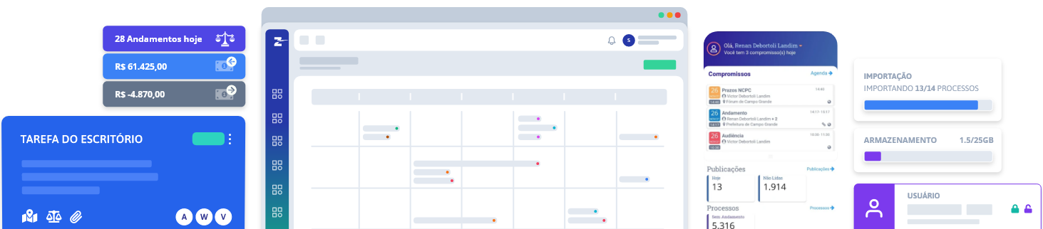 Interface do software jurídico SEDEP Faz em execução com painéis de andamentos, tarefas e agenda